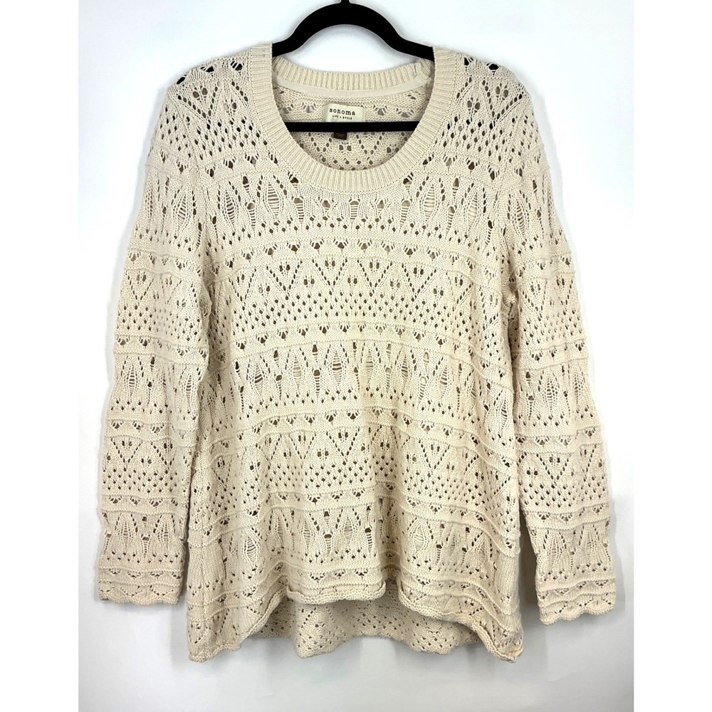 Sonoma Womens XL Cream Open Knit Pointelle Pullover Sweater Soft Girl Boho